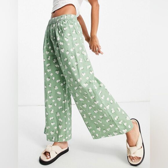 Mango Linen Blend Floral Pants Green New - Picture 5 of 6